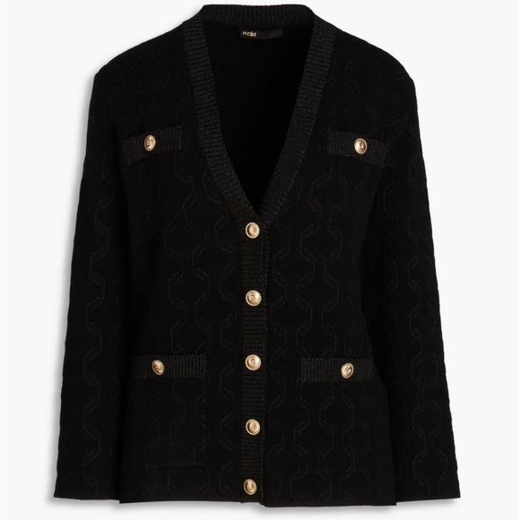MAJE Jacquard-knit Cardigan. BRAND NEW! Size 8 US (size 3 Asia). Black metallic.